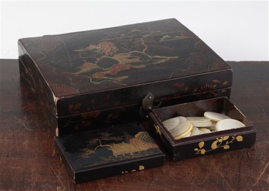 A collection of one hundred and fifty five mother of pearl gaming counters in a chinoiserie lacquered box, box. 8in.